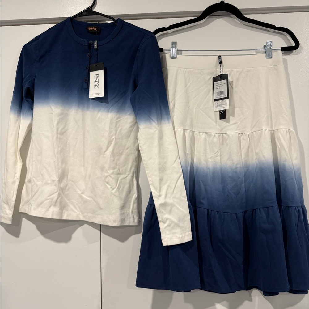 NWT Ombré blue and white womens matching skirt and shirt set